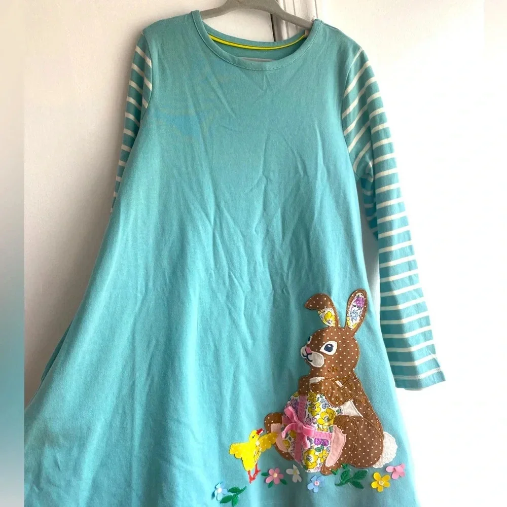 Mini Boden bunny and egg appliqué size 6-7 long sleeve dress  100% cotton
